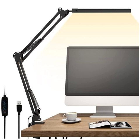 Lampa lampka biurkowa LED Kreślarska USB Alogy z regulowanym długim ramieniem do blatu biurka Czarna