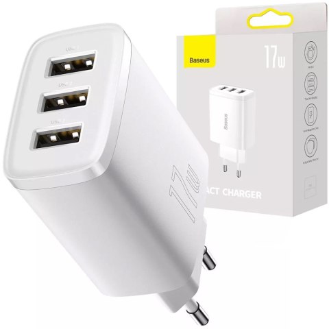 Ładowarka sieciowa Baseus Compact Quick Charger 3x USB 17W do telefonu tabletu słuchawek Biała