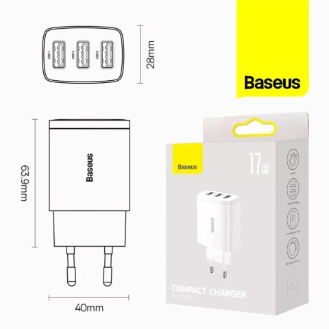 Ładowarka sieciowa Baseus Compact Quick Charger 3x USB 17W do telefonu tabletu słuchawek Biała