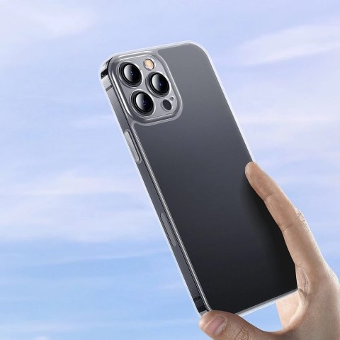Baseus Frosted Glass Case etui pokrowiec do iPhone 13 Pro sztywna obudowa z żelową ramką przezroczysty (ARWS000102)