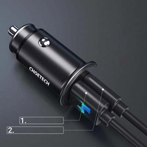 Choetech szybka dwuportowa ładowarka samochodowa PD USB Typ C + QC3.0 USB-A 30W 5A czarny (TC0006)