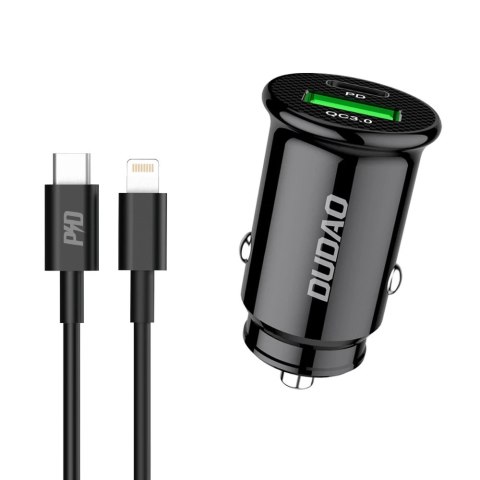 Dudao szybka ładowarka samochodowa z portami USB QC3.0 + Typ C PD czarna + kabel USB-C - Lightning 18W czarna (R3PRO)