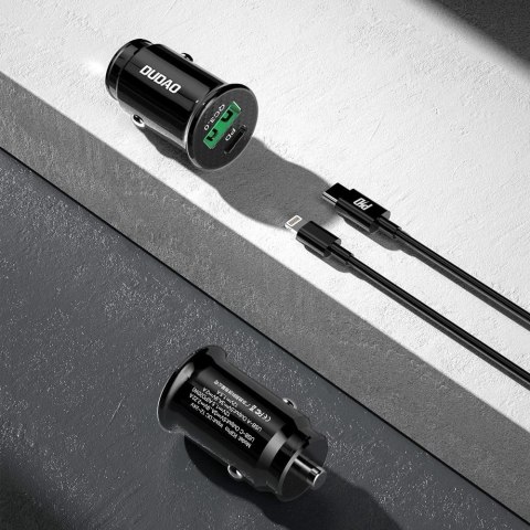 Dudao szybka ładowarka samochodowa z portami USB QC3.0 + Typ C PD czarna + kabel USB-C - Lightning 18W czarna (R3PRO)