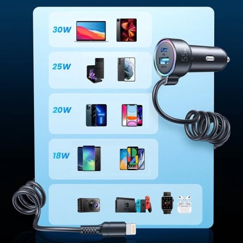 Joyroom szybka ładowarka samochodowa 3 w 1 z kablem Lightning 1,5m 45W czarny (JR-CL08)