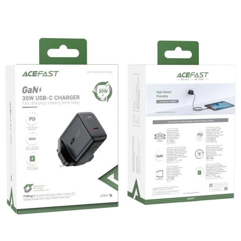 Acefast ładowarka sieciowa GaN (wtyczka UK) USB Typ C 30W, Power Delivery, PPS, Q3 3.0, AFC, FCP czarny (A24 UK black)