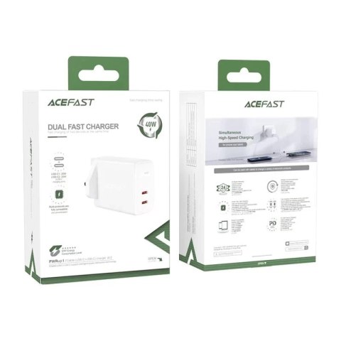 Acefast ładowarka sieciowa (wtyczka UK) 2x USB Typ C 40W, PPS, PD, QC 3.0, AFC, FCP biały (A12 white)