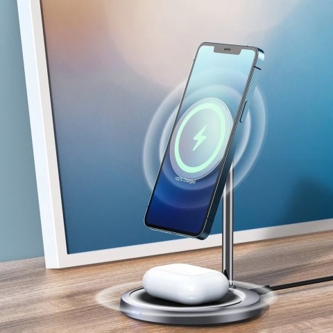 Choetech 2w1 uchwyt magnetyczny bezprzewodowa ładowarka Qi do Magsafe 15 W szary + ładowarka sieciowa 20W (T575-F)
