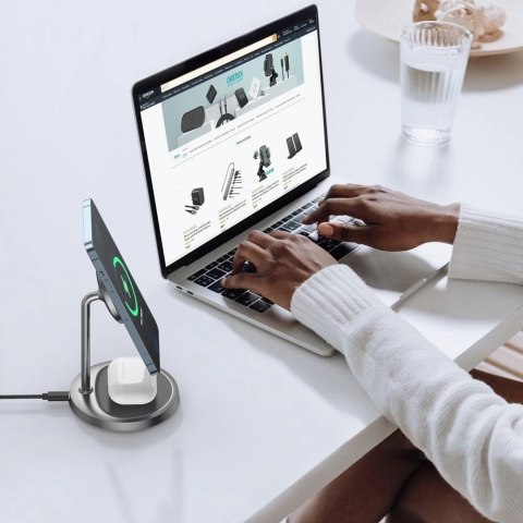 Choetech 2w1 uchwyt magnetyczny bezprzewodowa ładowarka Qi do Magsafe 15 W szary + ładowarka sieciowa 20W (T575-F)