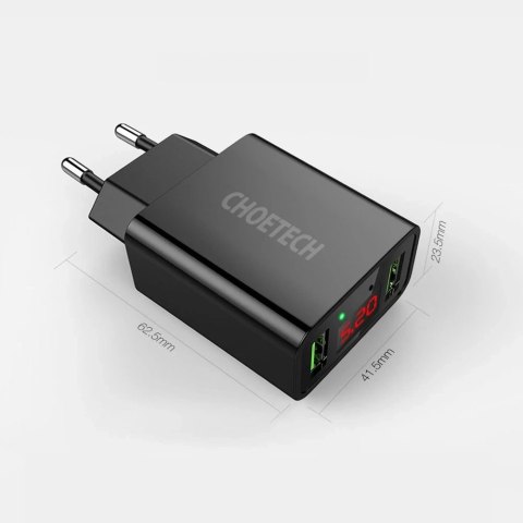 Choetech dwuportowa ładowarka USB-A z cyfrowym wyświetlaczem 11W wtyczka EU czarny (C0028)