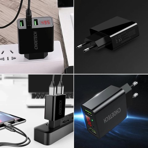Choetech dwuportowa ładowarka USB-A z cyfrowym wyświetlaczem 11W wtyczka EU czarny (C0028)