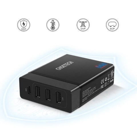 Choetech ładowarka sieciowa 3x USB / 1x USB Typ C 60W Power Delivery czarny (PD72-1C3U)