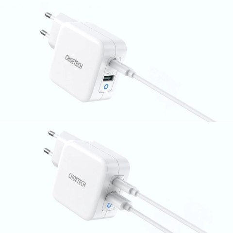 Choetech szybka ładowarka sieciowa GaN USB Typ C PD USB-A QC3.0 65W 3,25A biały (PD8002)