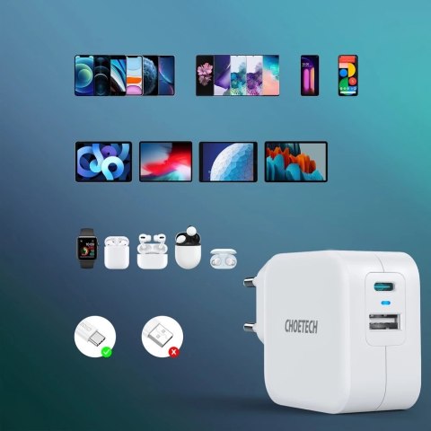Choetech szybka ładowarka sieciowa QC PD 38W 5A USB Typ C + USB-A biały (PD5002-EU)