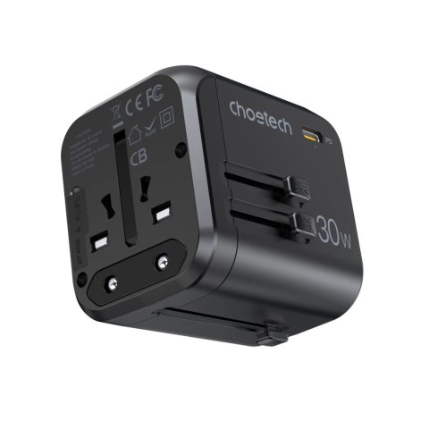Choetech szybka uniwersalna ładowarka sieciowa podróżna GaN USB Typ C / 3 x USB-A 30W Power Delivery czarny (PD5008-BK)