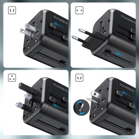 Choetech szybka uniwersalna ładowarka sieciowa podróżna GaN USB Typ C / 3 x USB-A 30W Power Delivery czarny (PD5008-BK)