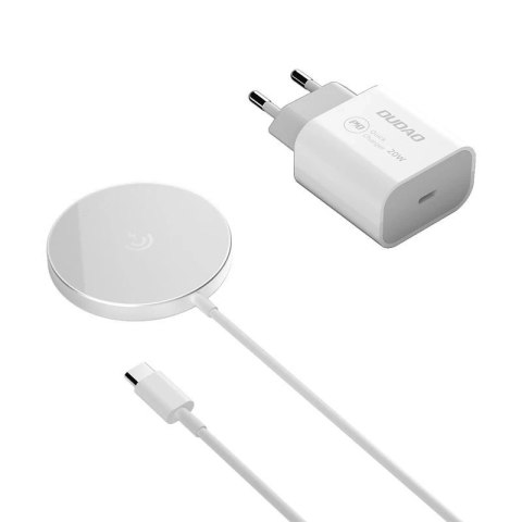 Dudao zestaw magnetyczna ładowarka bezprzewodowa Qi 15 W i ładowarka sieciowa 20 W (kompatybilna z MagSafe) biały (A12XS)