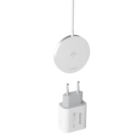 Dudao zestaw magnetyczna ładowarka bezprzewodowa Qi 15 W i ładowarka sieciowa 20 W (kompatybilna z MagSafe) biały (A12XS)