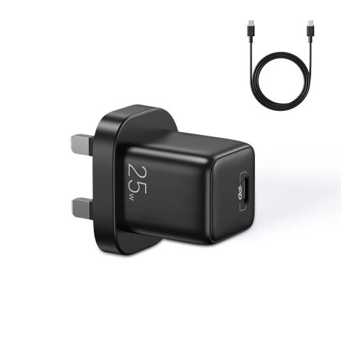Joyroom mała szybka ładowarka USB Typ C PD 25W wtyczka UK czarny + kabel USB Typ C - USB Typ C (L-P251)