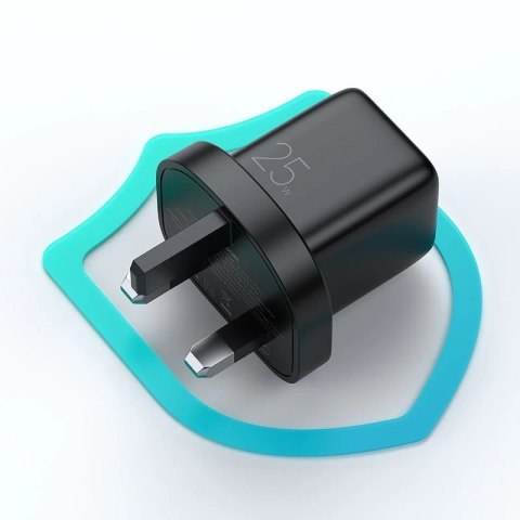 Joyroom mała szybka ładowarka USB Typ C PD 25W wtyczka UK czarny + kabel USB Typ C - USB Typ C (L-P251)