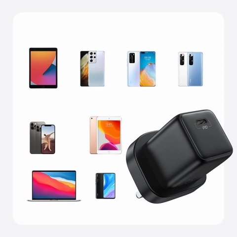 Joyroom mała szybka ładowarka USB Typ C PD 25W wtyczka UK czarny + kabel USB Typ C - USB Typ C (L-P251)