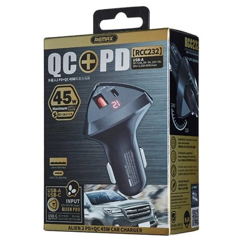 Remax Alien II ładowarka samochodowa USB / USB Typ C 45W Power Delivery Quick Charge czarny (RCC232 black)