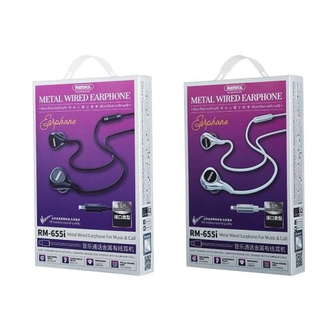 Remax przewodowe metalowe słuchawki dokanałowe z pilotem głośności lightning 1,2m czarny (RM-655is)