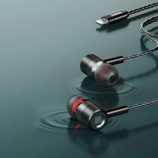 Remax przewodowe metalowe słuchawki dokanałowe z pilotem głośności lightning 1,2m czarny (RM-598is)