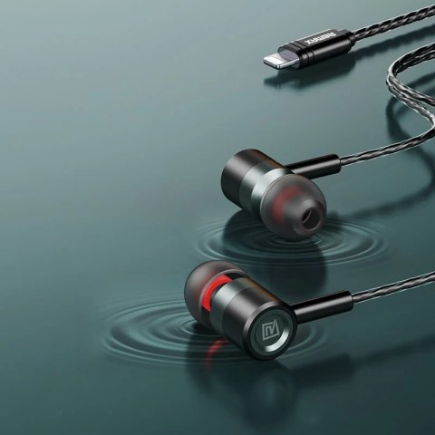 Remax przewodowe metalowe słuchawki dokanałowe z pilotem głośności lightning 1,2m czarny (RM-598is)