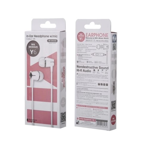WK Design Y6 dokanałowe słuchawki 3.5mm mini jack zestaw słuchawkowy z pilotem biały (Y6 white)