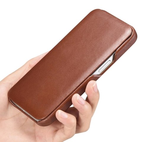 ICarer Curved Edge Vintage Folio skórzane etui pokrowiec ze skóry naturalnej iPhone 13 brązowy (RIX1302-BN)