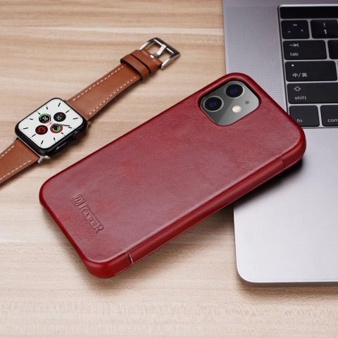 ICarer Curved Edge Vintage Folio skórzane etui pokrowiec ze skóry naturalnej iPhone 12 Pro Max czerwony (RIX1202 red)
