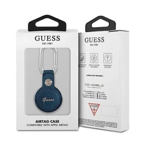 Guess GUATPSASRSB AirTag case niebieski/blue Saffiano Vintage Script
