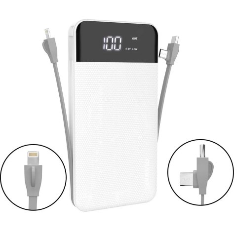 Dudao 2x USB powerbank 10000mAh 2A wbudowany kabel 3w1 Lightning / USB Typ C / micro USB 3A biały (K1A white)