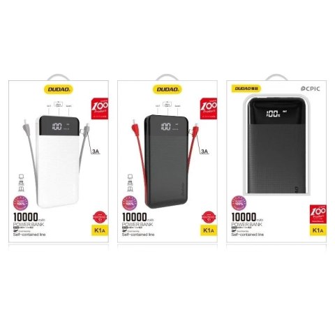 Dudao 2x USB powerbank 10000mAh 2A wbudowany kabel 3w1 Lightning / USB Typ C / micro USB 3A biały (K1A white)