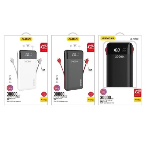 Dudao K1Max powerbank 30000mAh z wbudowanymi kablami biały (K1Max-white)