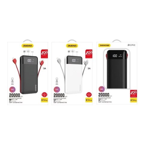 Dudao K1Pro powerbank 20000mAh z wbudowanymi kablami czarny (K1Pro-black)