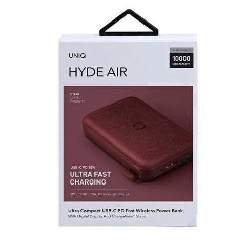 UNIQ Powerbank indukcyjny Hyde Air 10000mAh USB-C 18W PD Fast Wireless bordowy/maroon