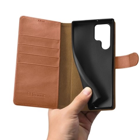 ICarer Haitang Leather Wallet Case skórzane etui do Samsung Galaxy S22 Ultra portfel obudowa pokrowiec brązowy (AKSM06BN)