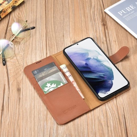 ICarer Haitang Leather Wallet Case skórzane etui do Samsung Galaxy S22 Ultra portfel obudowa pokrowiec brązowy (AKSM06BN)