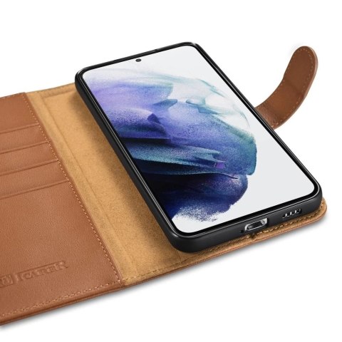ICarer Haitang Leather Wallet Case skórzane etui do Samsung Galaxy S22 portfel obudowa pokrowiec brązowy (AKSM04BN)