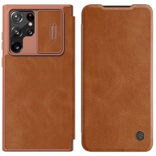 Nillkin Qin Leather Pro Case etui do Samsung Galaxy S22 Ultra osłona na aparat kabura pokrowiec obudowa z klapką brązowy