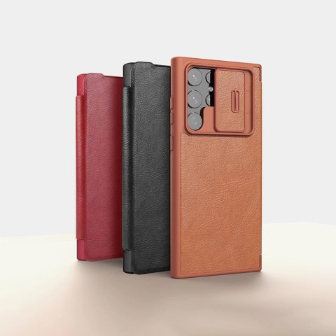 Nillkin Qin Leather Pro Case etui do Samsung Galaxy S22 Ultra osłona na aparat kabura pokrowiec obudowa z klapką brązowy