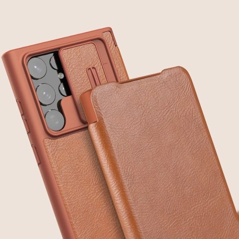 Nillkin Qin Leather Pro Case etui do Samsung Galaxy S22 Ultra osłona na aparat kabura pokrowiec obudowa z klapką brązowy