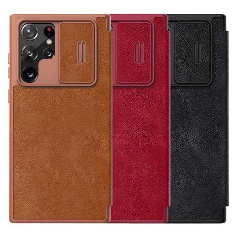Nillkin Qin Leather Pro Case etui do Samsung Galaxy S22 Ultra osłona na aparat kabura pokrowiec obudowa z klapką brązowy