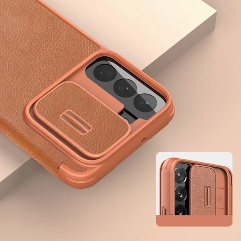 Nillkin Qin Leather Pro Case etui do Samsung Galaxy S22 osłona na aparat kabura pokrowiec obudowa z klapką brązowy