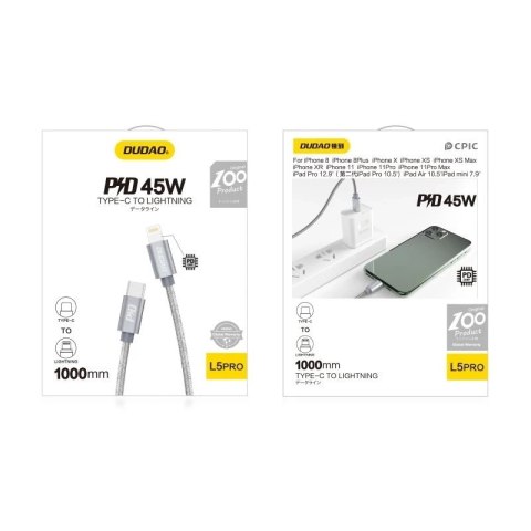 Dudao kabel przewód USB Typ C - Lightning Power Delivery 45W 1m szary (L5Pro grey)