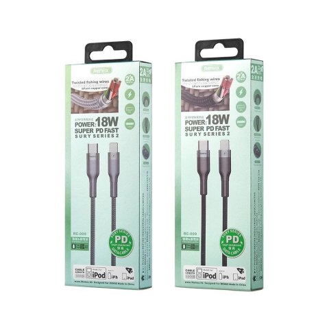 Remax Sury 2 Series nylonowy kabel przewód USB Typ C - Lightning 18 W Power Delivery 1 m czarny (RC-009 black)