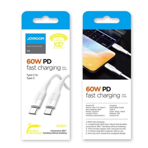 Joyroom kabel przewód USB Typ C - USB Typ C Power Delivery 60W 3A 0,25m czarny (Black)