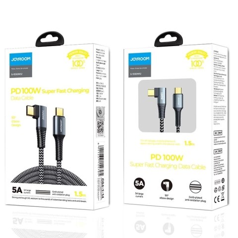 Joyroom kątowy kabel przewód USB Typ C - USB Typ C Power Delivery 100W 5A 1,5m szary (S-1550N12 C-C gray)