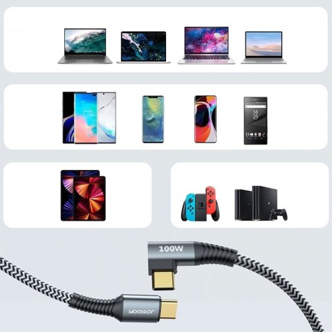 Joyroom kątowy kabel przewód USB Typ C - USB Typ C Power Delivery 100W 5A 1,5m szary (S-1550N12 C-C gray)